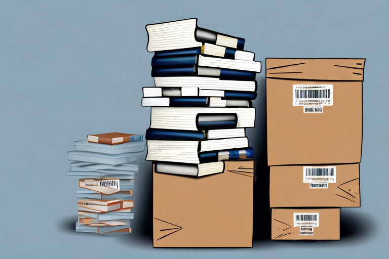 A stack of various books with a barcode on each