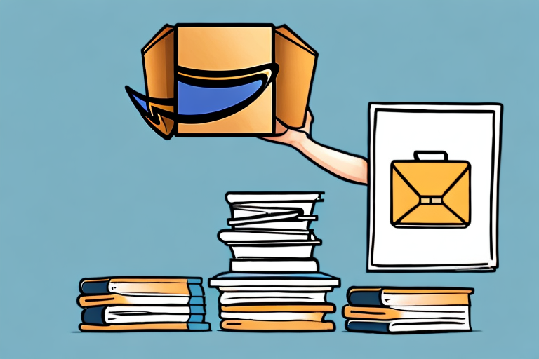 A stack of various books next to a stylized amazon box