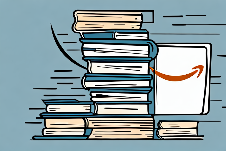 A stack of various books next to a stylized amazon box