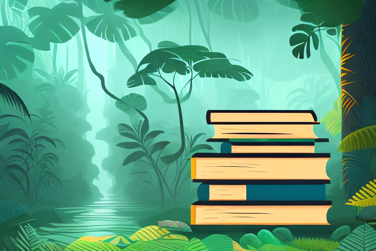 A stack of various types of books next to a stylized amazon rainforest