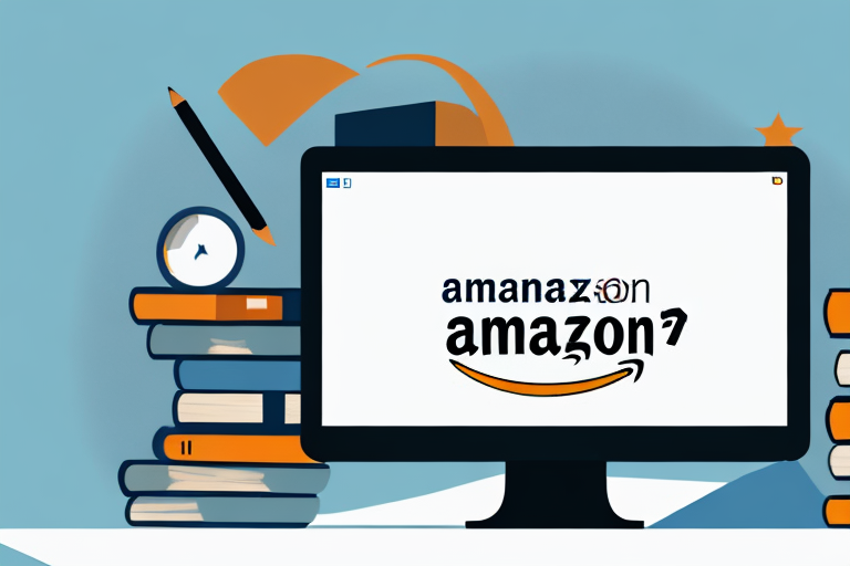 A stack of various books next to a computer with amazon's website displayed on the screen