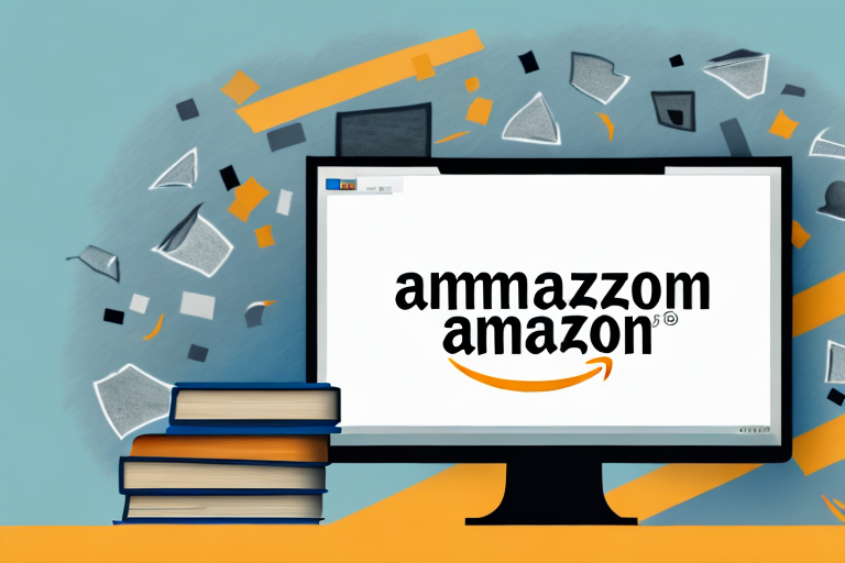 A stack of various used books next to a computer with the amazon website on the screen