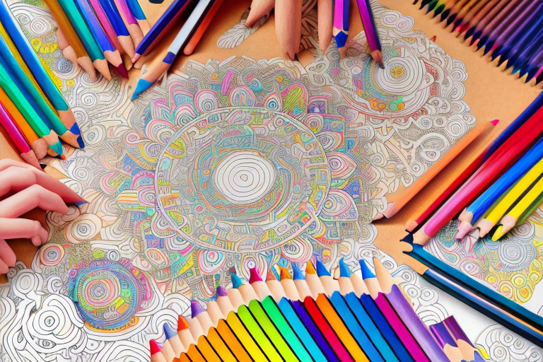 A colorful array of coloring books arranged in a creative way