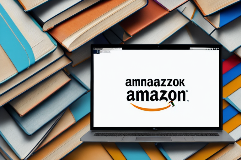 A stack of used books next to a laptop displaying amazon's homepage on its screen