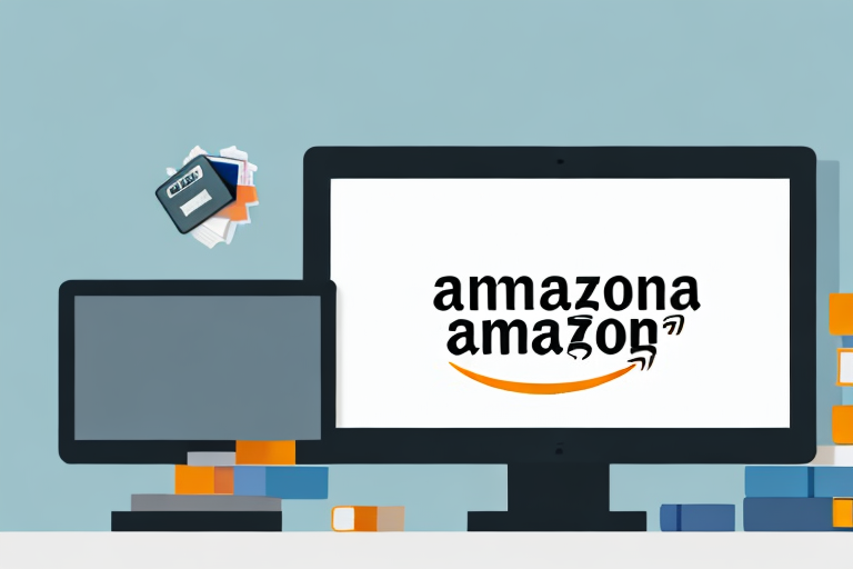 A stack of various books next to a computer with the amazon website displayed on the screen