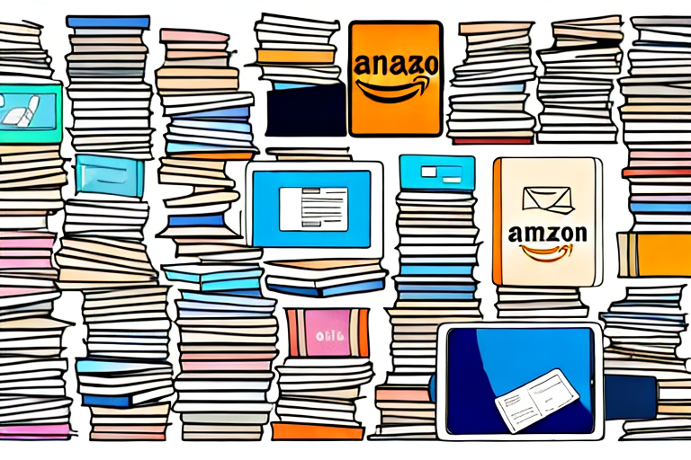 A pile of various second-hand books with a digital tablet displaying the amazon website next to it