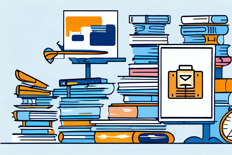 A pile of textbooks next to a stylized representation of a computer screen displaying an amazon-style marketplace interface