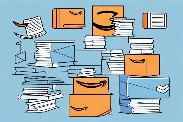 A stack of textbooks next to a stylized version of an amazon delivery box