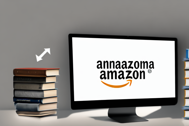 A stack of various books next to a computer displaying the amazon website