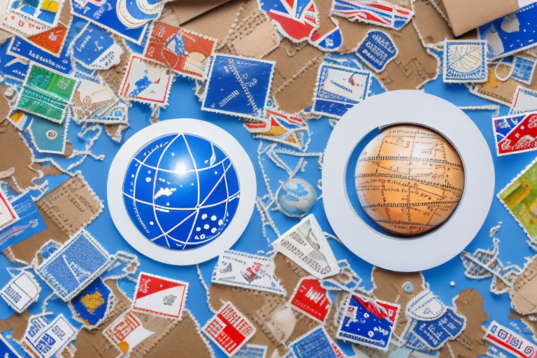 A package with postage stamps and a world globe highlighting the uk