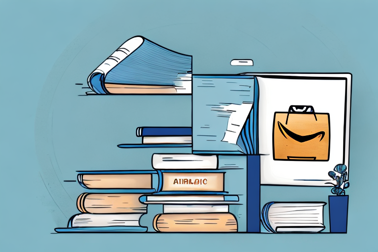 A stack of various books next to a stylized amazon box