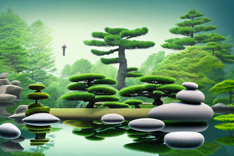 A serene zen garden with a key floating above a tranquil pond