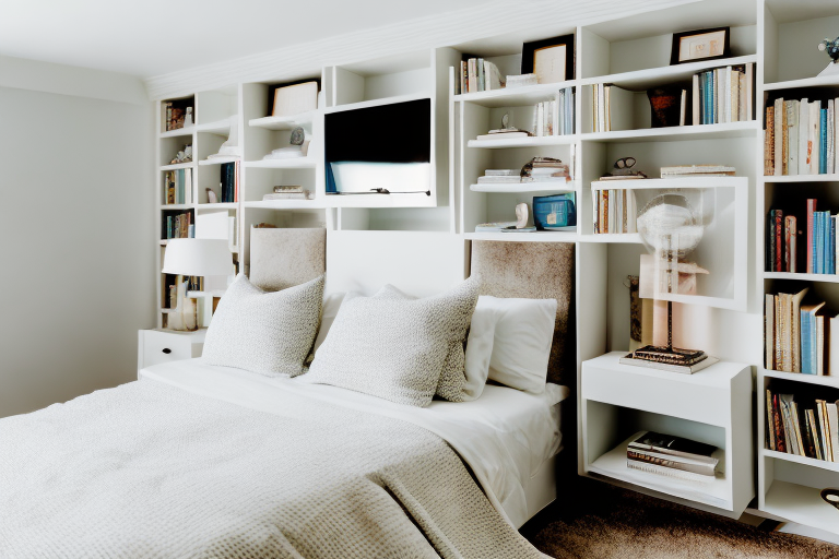 A cozy bedroom featuring various creative book storage solutions such as built-in bookshelves