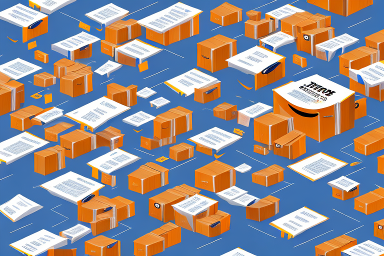 An amazon warehouse with various packages being sorted and prepared for shipment