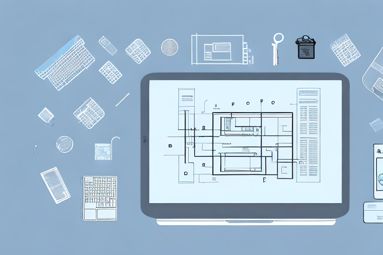 A blueprint featuring various elements like a bookshelf