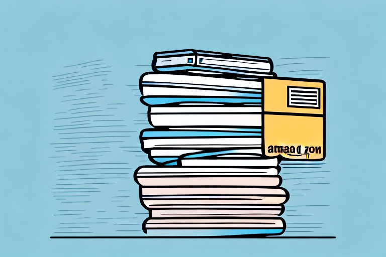 A stack of various books with an amazon box and a barcode scanner