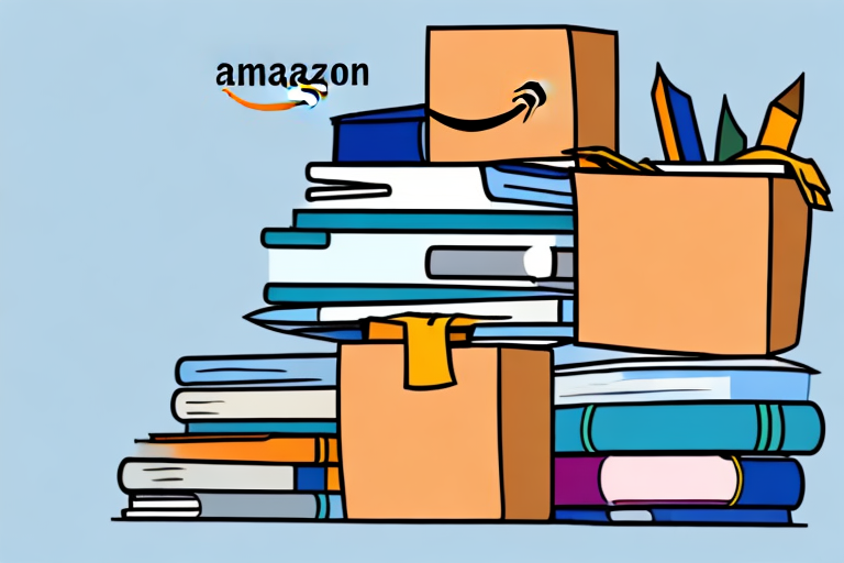 A stack of various textbooks with an amazon box next to it