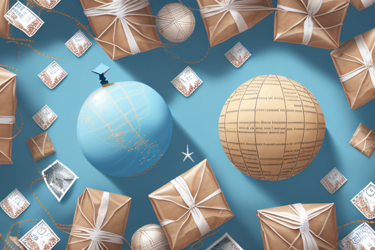 A globe surrounded by various sized parcels wrapped in brown paper