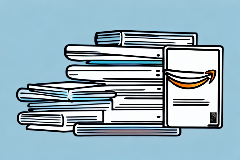 A stack of books with an amazon delivery box and a barcode scanner