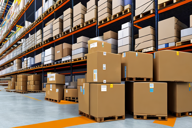 A warehouse with amazon-branded boxes being loaded onto a shipping truck