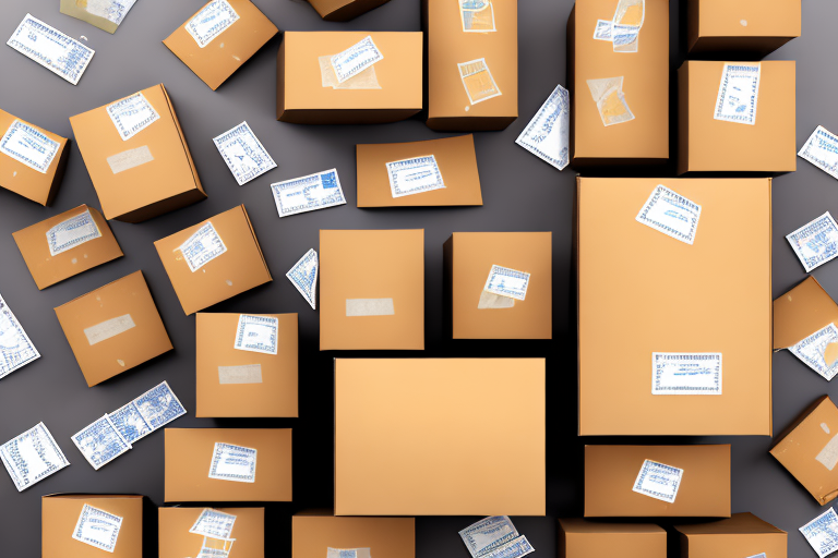 A stack of various sized cardboard boxes with postal markings