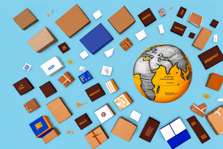 A globe with different types of products (like a box