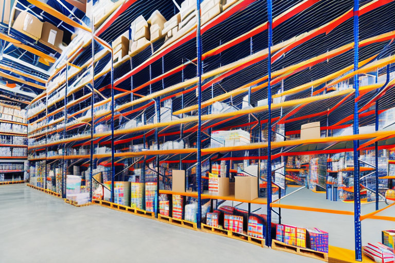 A warehouse with shelves filled with variously shaped packages