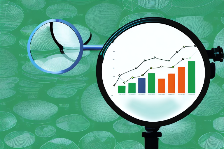 A large magnifying glass focusing on a bar graph representing sales