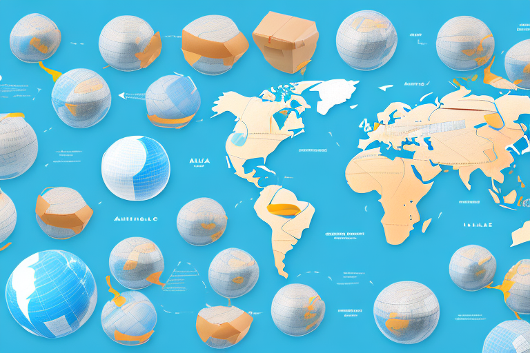 A globe with different shipping routes and amazon boxes