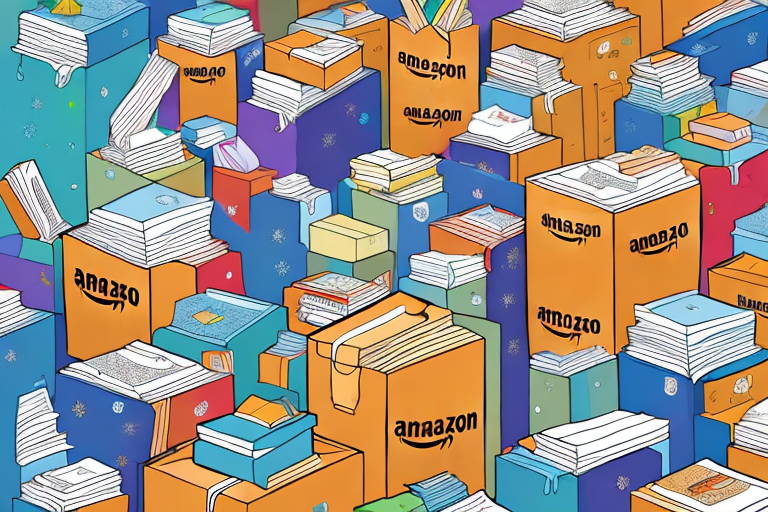 A giant amazon box overflowing with various types of books against the backdrop of a festive sale environment