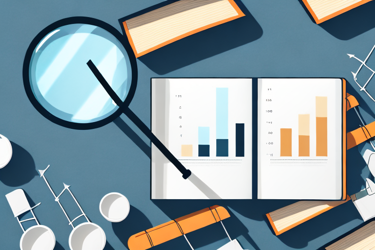 A magnifying glass hovering over a stack of books with a bar graph in the background to represent the analysis of book sales