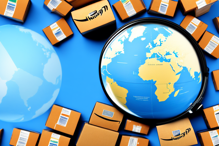 A globe with various amazon shipping boxes placed on different continents