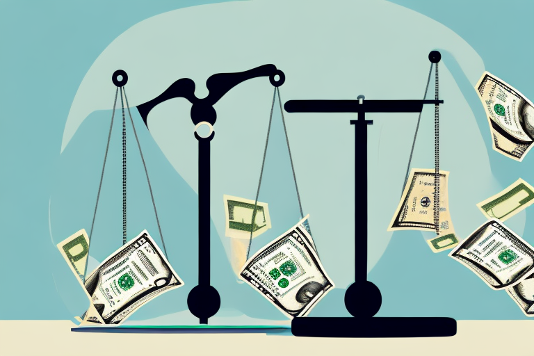 A balance scale with a pile of goods on one side and dollar bills on the other