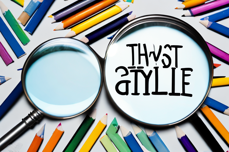 A magnifying glass hovering over a stack of variously shaped and colored books