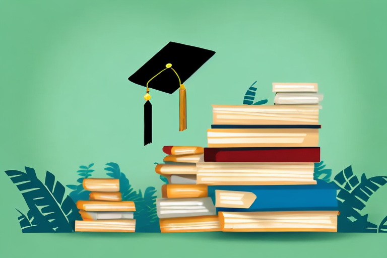 A stack of books with a graduation cap on top