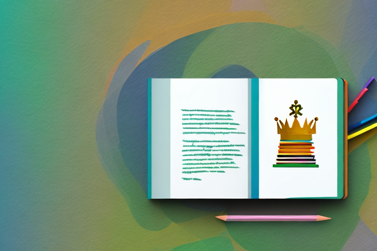 A stack of variously sized and colored books with a crown on top