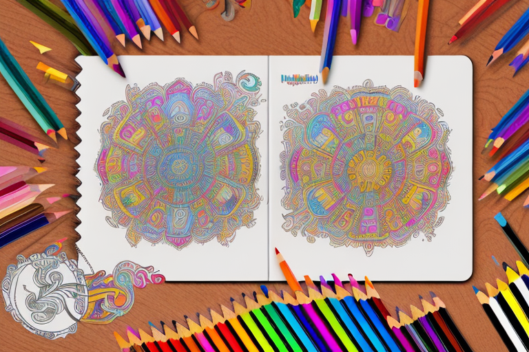 A variety of colorful and intricately designed coloring books scattered on a wooden table