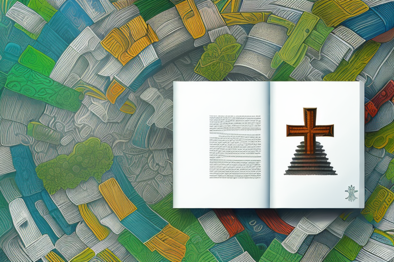 A stack of variously shaped and sized books with crosses and other subtle christian symbols on their covers