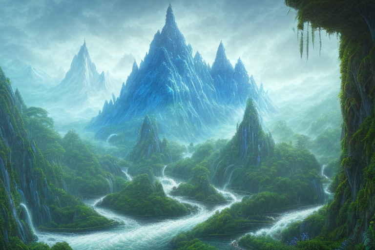 A mystical landscape featuring towering book-shaped mountains