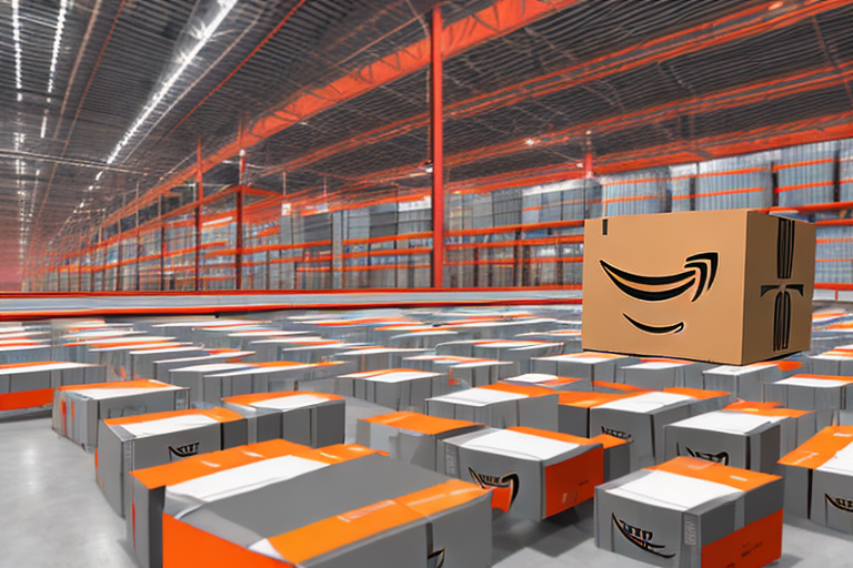 A warehouse with amazon boxes on conveyor belts