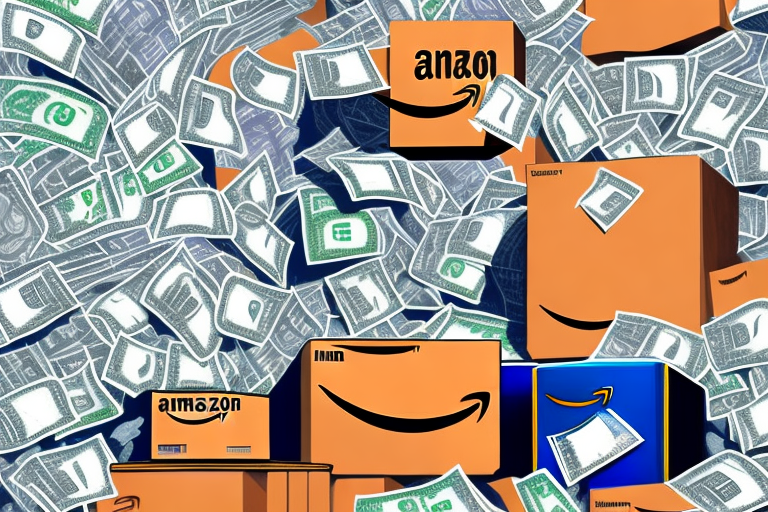 A pile of various books next to an amazon shipping box with dollar bills sticking out of it