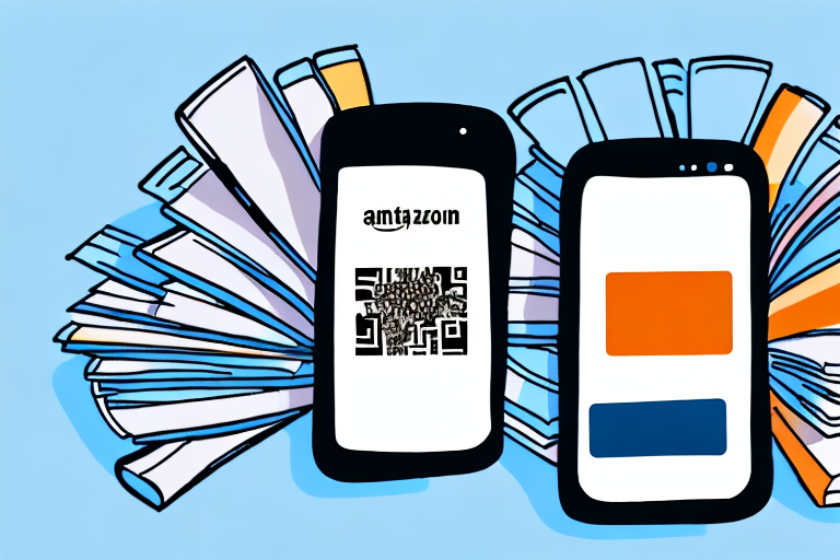 A barcode scanner hovering over a stack of various books with an amazon app interface visible on a smartphone screen nearby