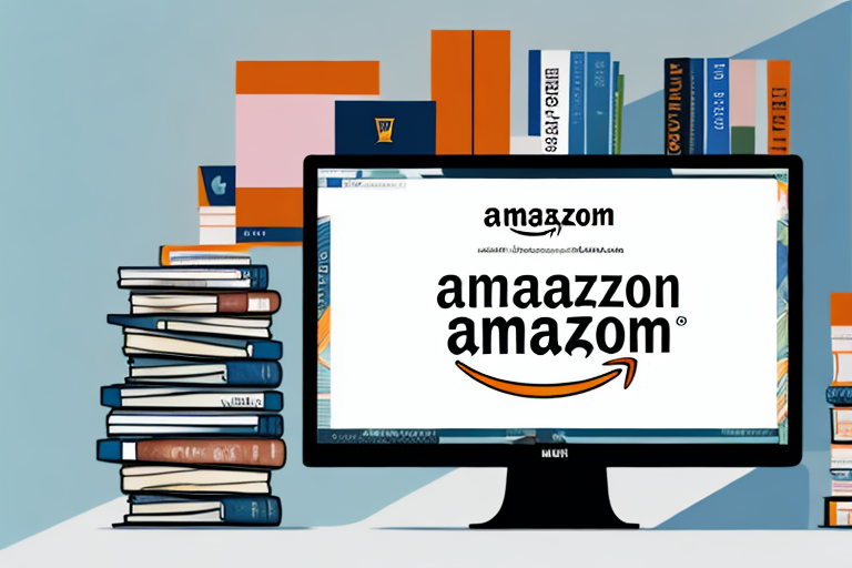 A stack of various books next to a computer displaying an amazon webpage