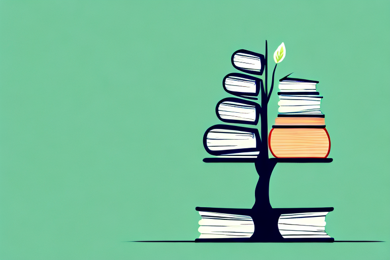 A stack of various books next to a small sapling growing into a mighty tree