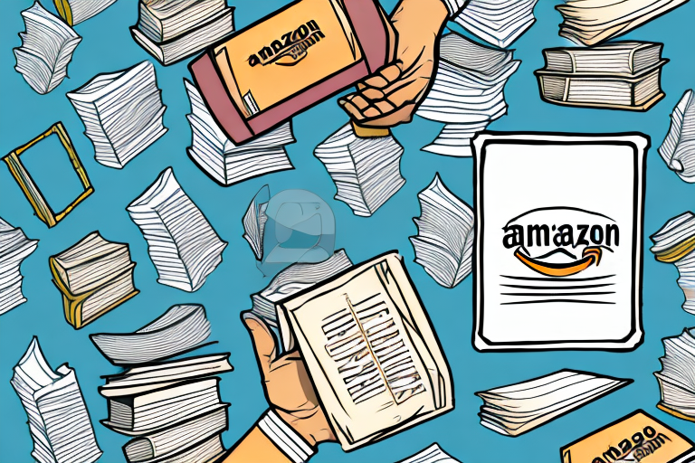 A stack of various used books next to a stylized amazon-inspired shipping box