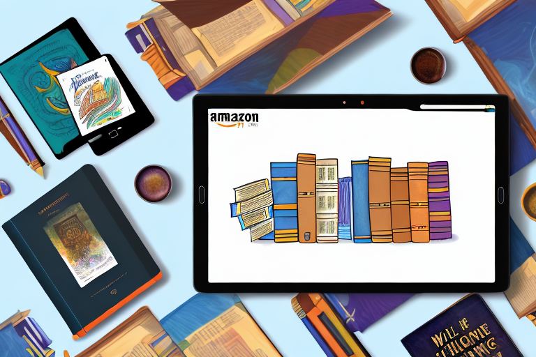 A stack of diverse books with a digital tablet displaying an amazon kdp interface