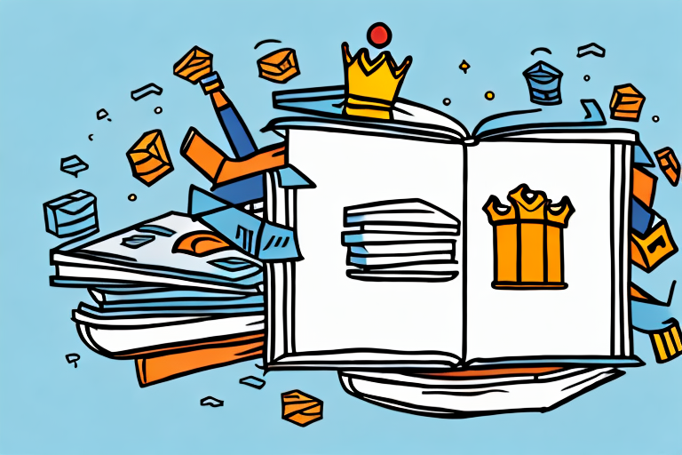 A stack of various books with a crown on top