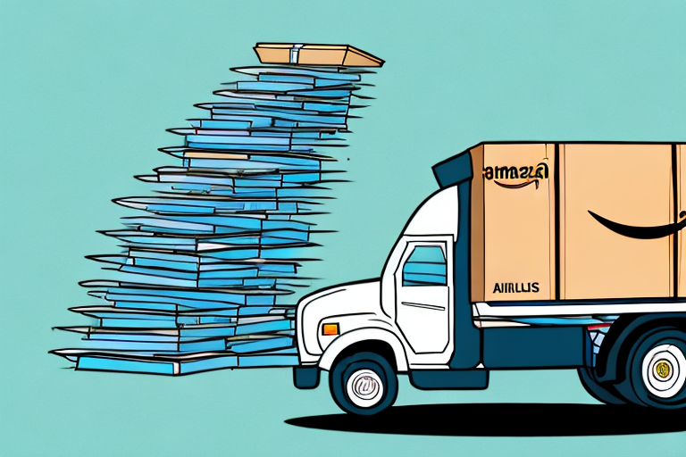 An overloaded delivery truck with numerous amazon packages teetering on top