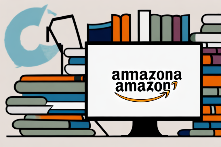 A pile of various types of books next to a computer with an amazon webpage on the screen