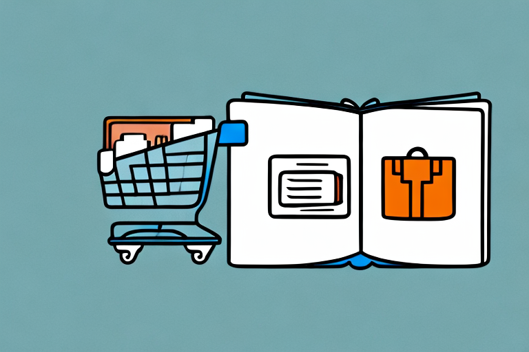 A book placed between a symbolic representation of amazon (such as a shopping cart) and a website icon